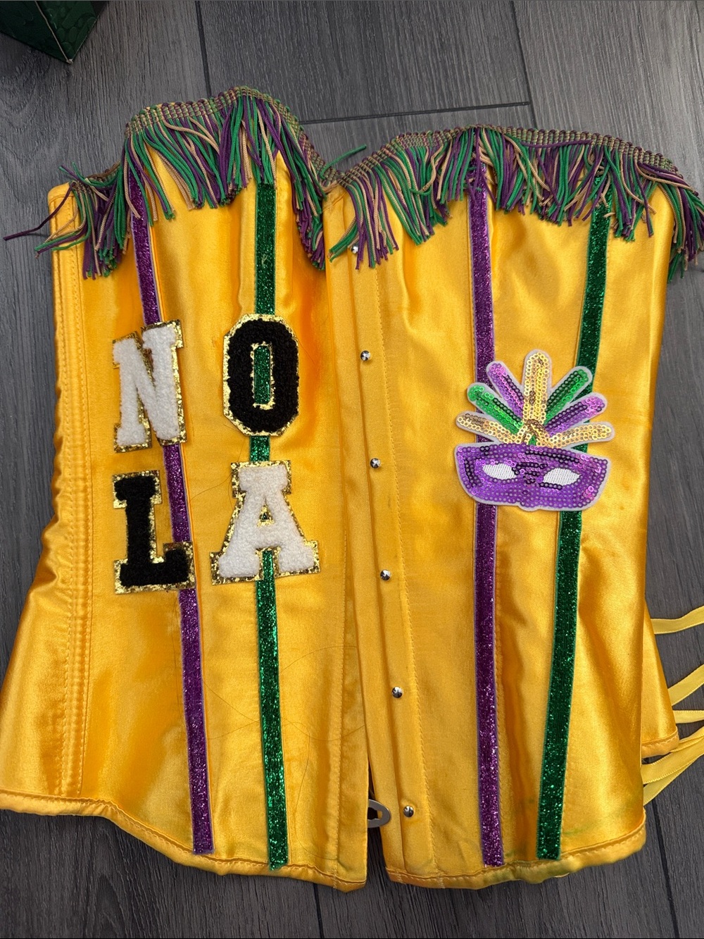 Yellow Mardi Gras Sequin Bustier Corset with NOLA Appliqué